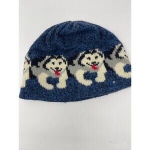 Vintage LL Bean Huskie Dogs Beanie Blue Knit Wool Missing Pom Pom
